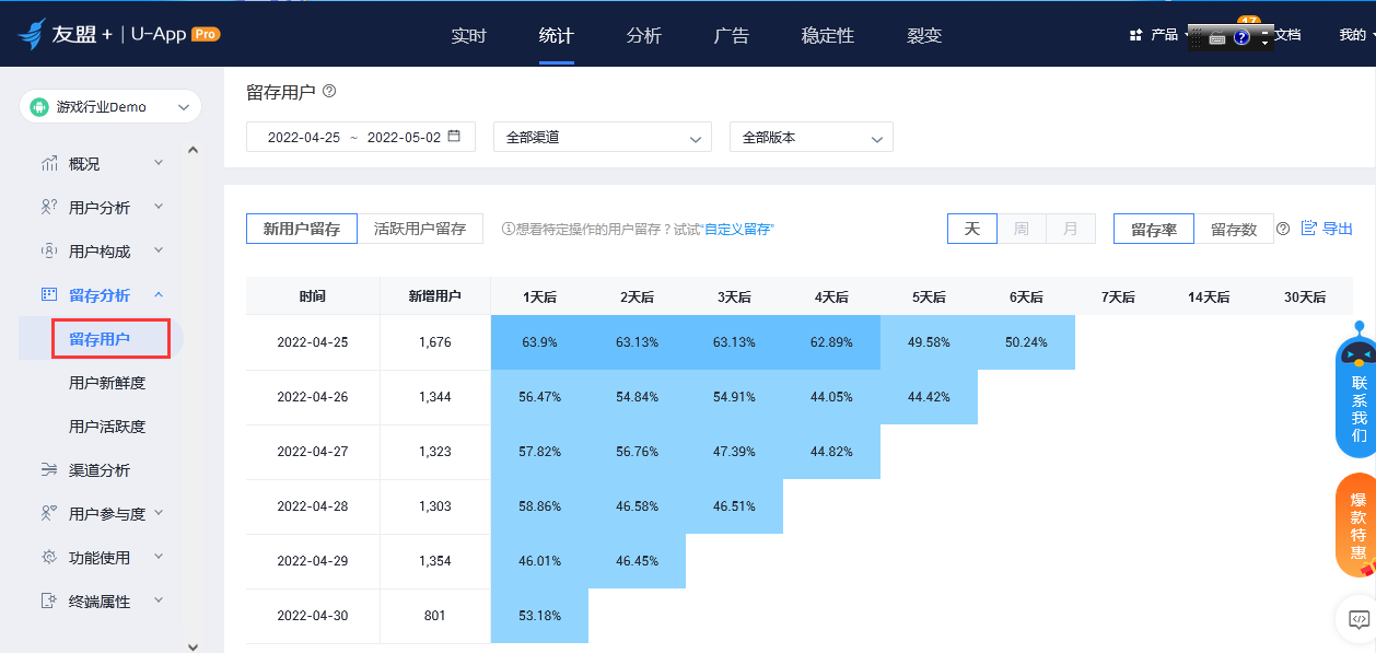 友盟用户留存率分析截图