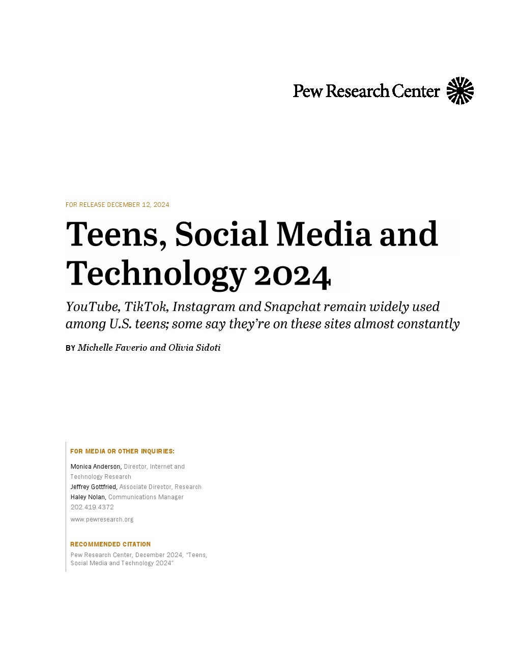 皮尤：2024年青少年、社交媒体和科技报告